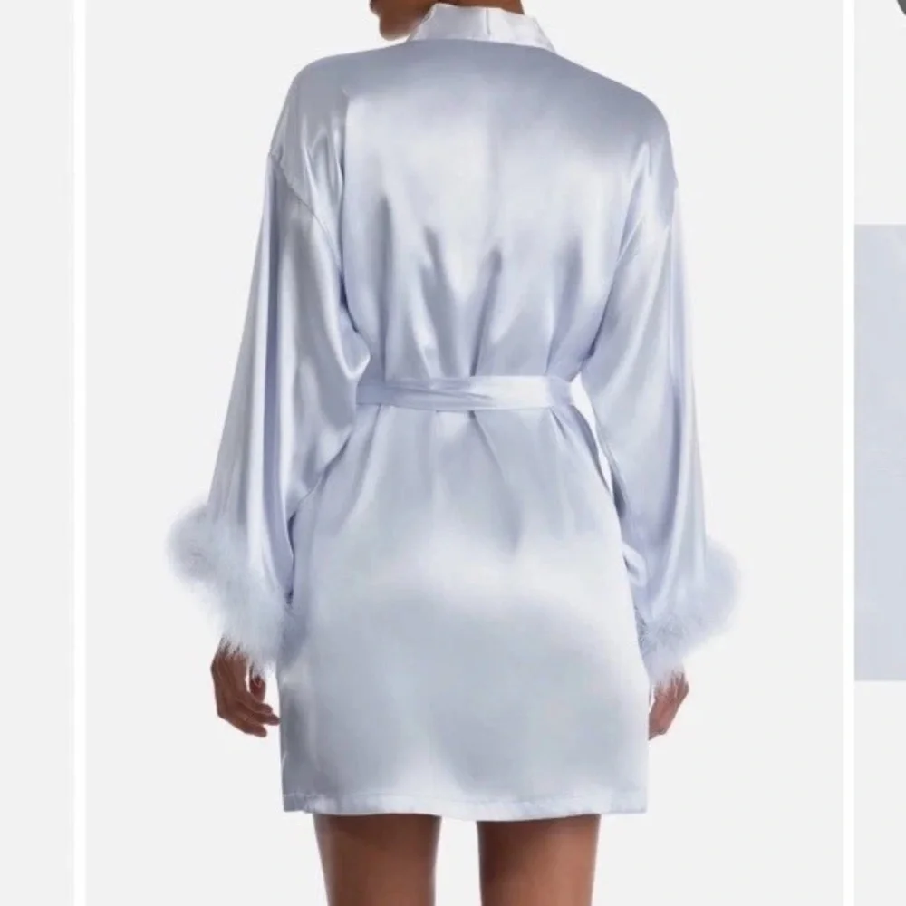 Elegant light Blue Satin Robe and Chemise with Feather Trim